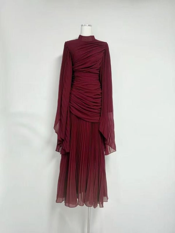 Burgundy Draped Long-Sleeve Maxi Gown