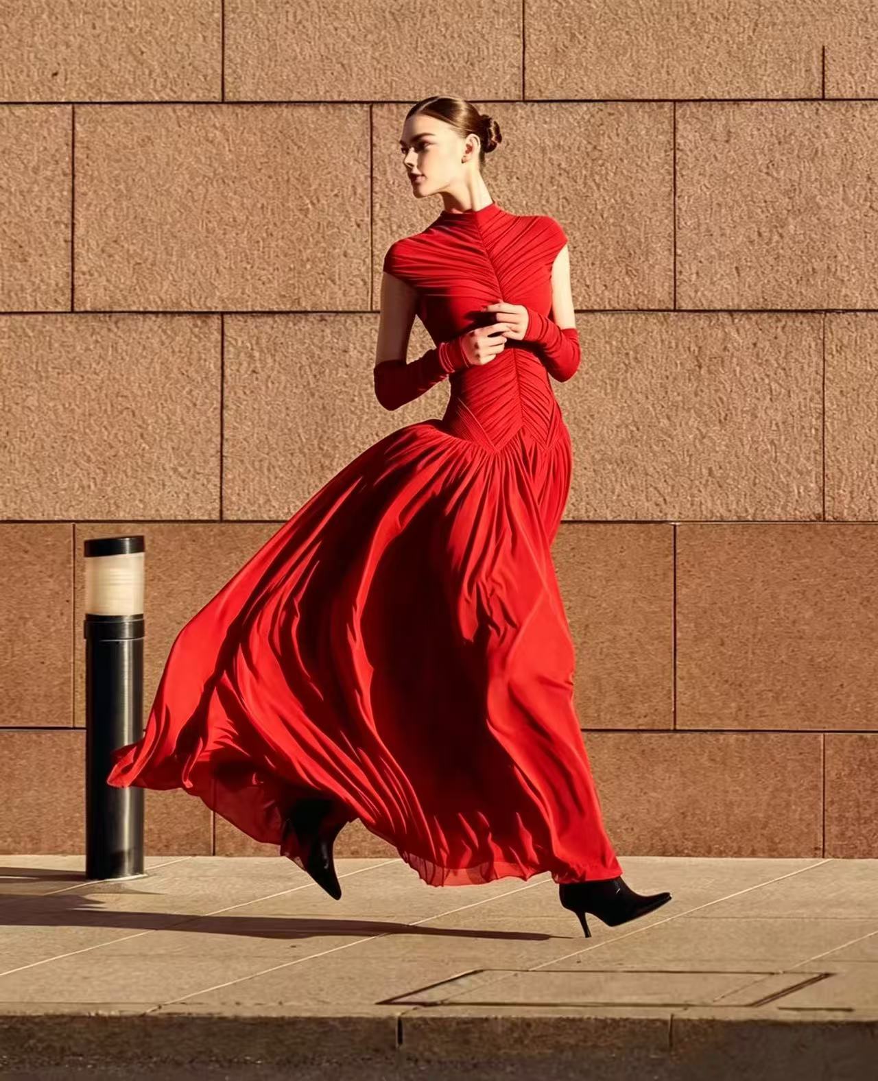Red High-Neck Pleated Evening Gown