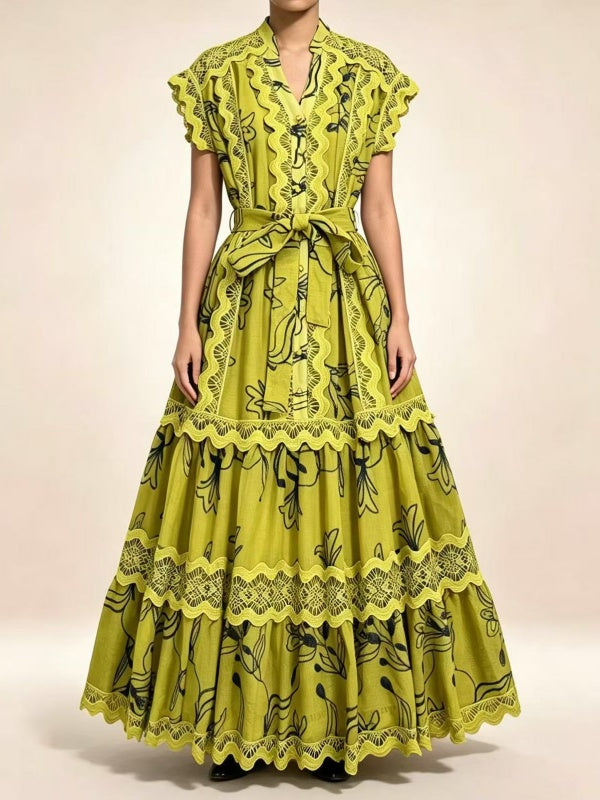 Chartreuse Floral Lace-Trim Tiered Maxi Dress