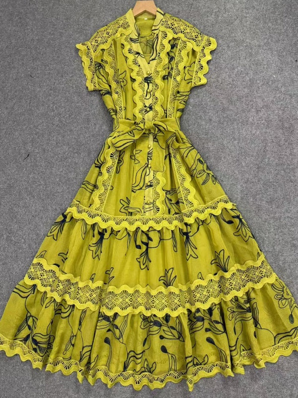 Chartreuse Floral Lace-Trim Tiered Maxi Dress