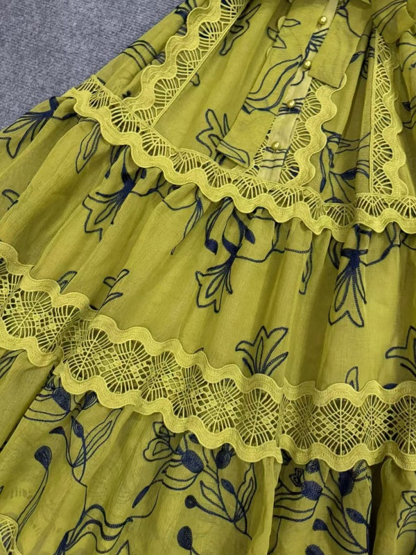 Chartreuse Floral Lace-Trim Tiered Maxi Dress