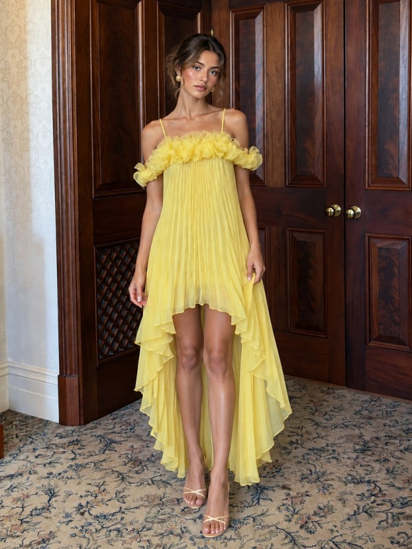 Yellow Pleated Ruffle High-Low Dress
