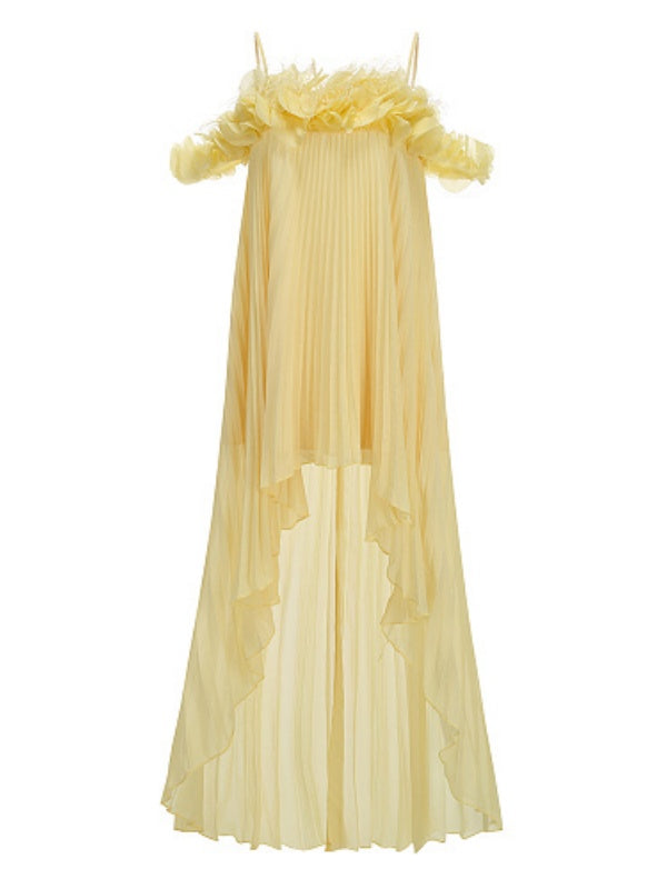 Yellow Pleated Ruffle High-Low Dress