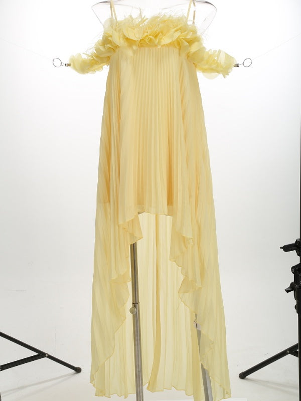 Yellow Pleated Ruffle High-Low Dress
