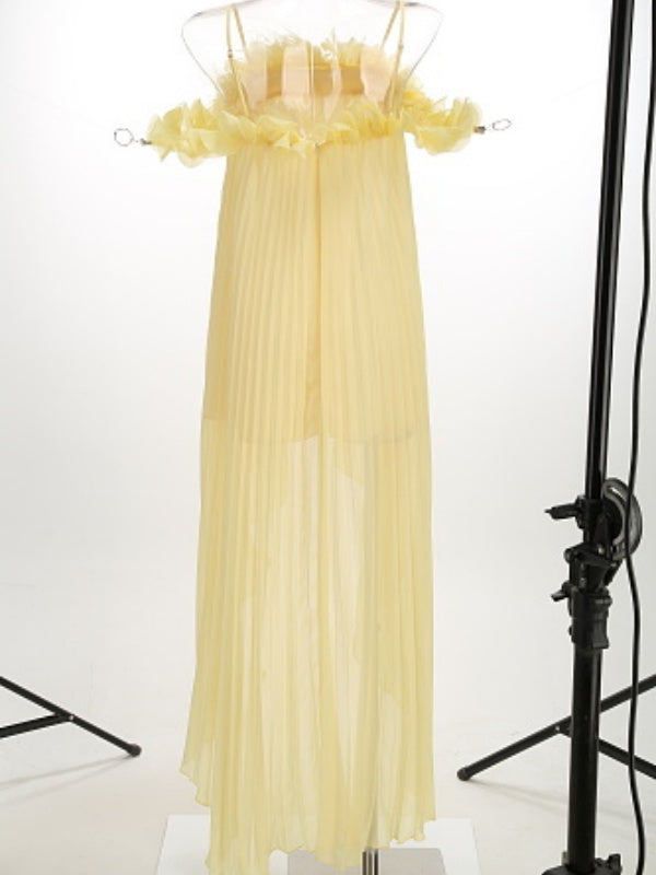 Yellow Pleated Ruffle High-Low Dress