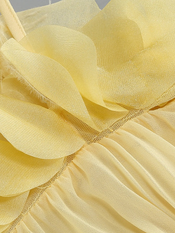 Yellow Pleated Ruffle High-Low Dress