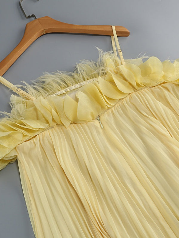 Yellow Pleated Ruffle High-Low Dress