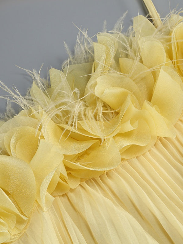Yellow Pleated Ruffle High-Low Dress