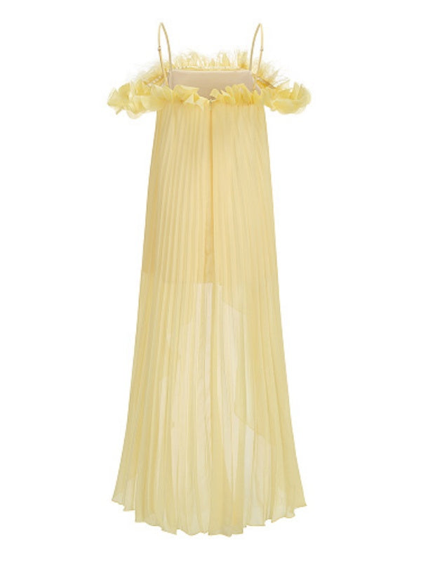 Yellow Pleated Ruffle High-Low Dress