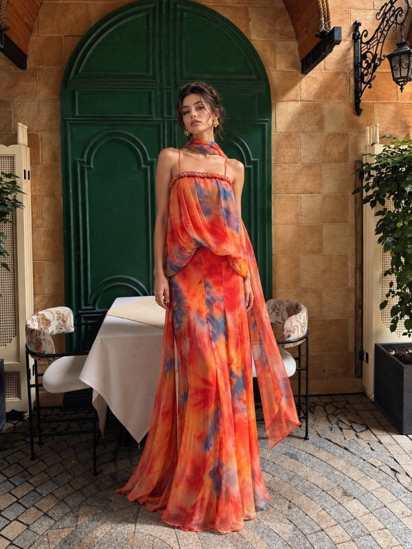 Sunset Tie-Dye Chiffon Maxi Dress with Scarf