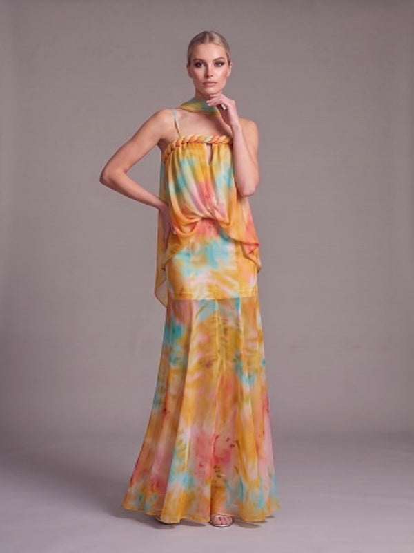 Sunset Tie-Dye Chiffon Maxi Dress with Scarf