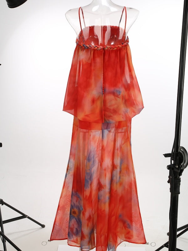Sunset Tie-Dye Chiffon Maxi Dress with Scarf