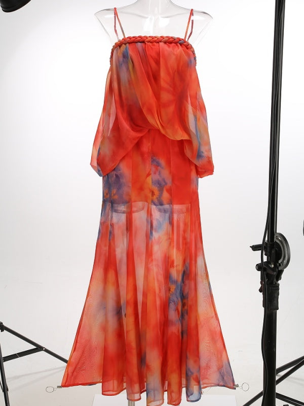 Sunset Tie-Dye Chiffon Maxi Dress with Scarf