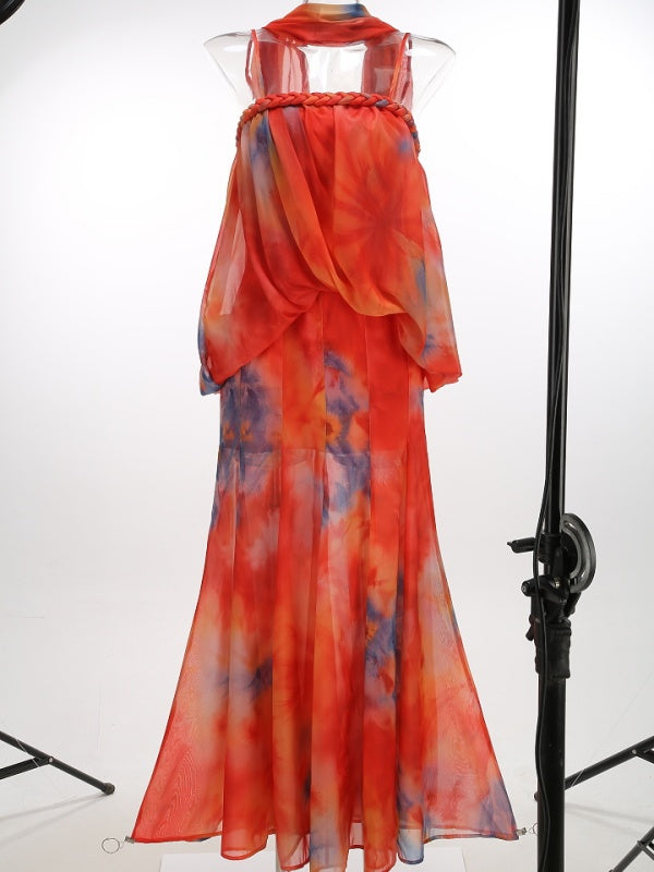 Sunset Tie-Dye Chiffon Maxi Dress with Scarf