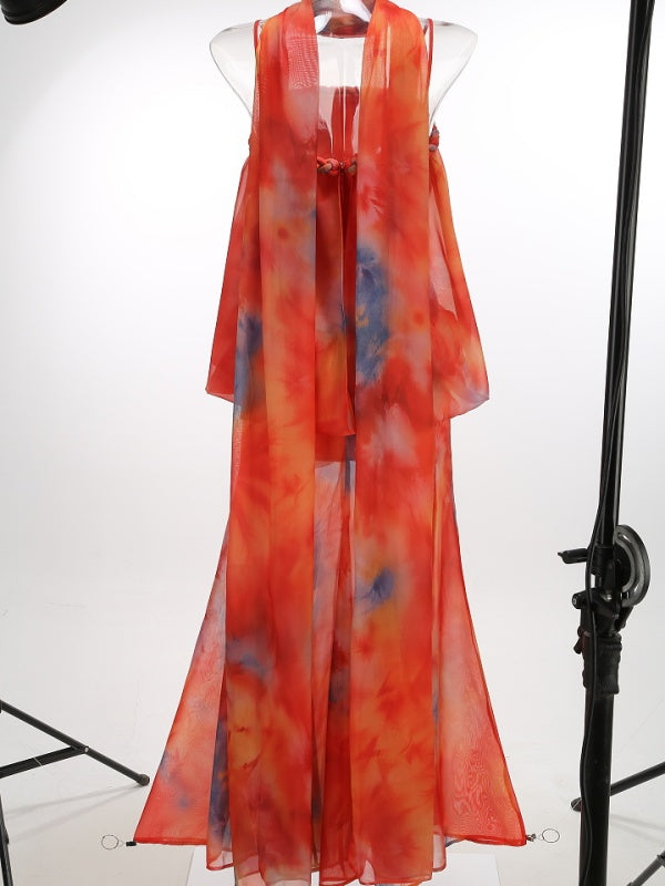 Sunset Tie-Dye Chiffon Maxi Dress with Scarf