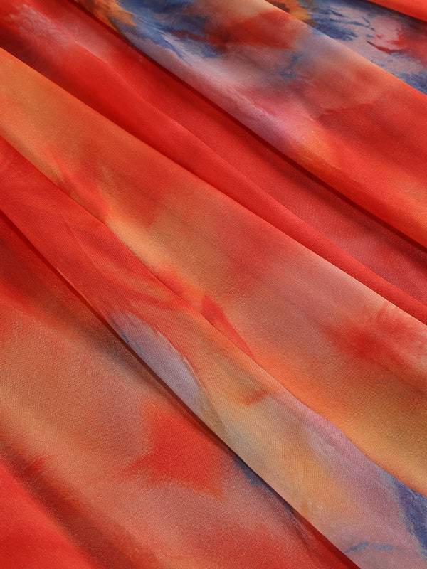 Sunset Tie-Dye Chiffon Maxi Dress with Scarf