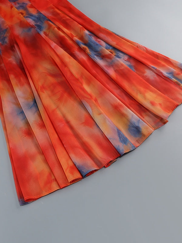 Sunset Tie-Dye Chiffon Maxi Dress with Scarf