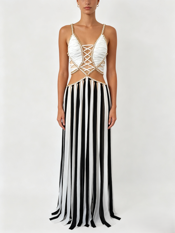 Black and White Striped Lace-Up Maxi Dress