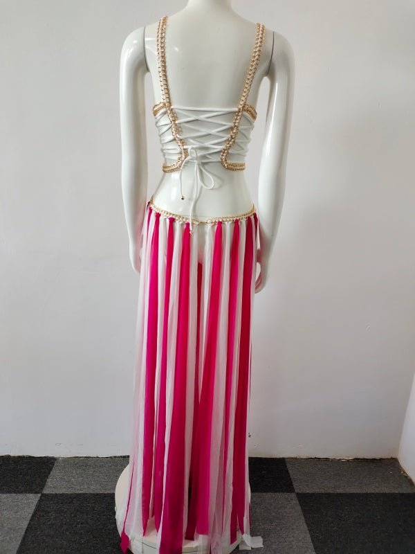 Black and White Striped Lace-Up Maxi Dress
