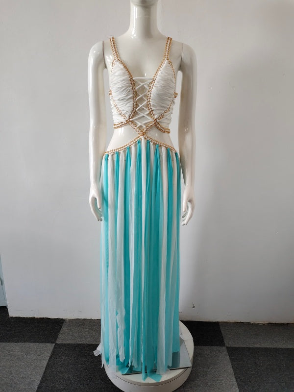 Black and White Striped Lace-Up Maxi Dress