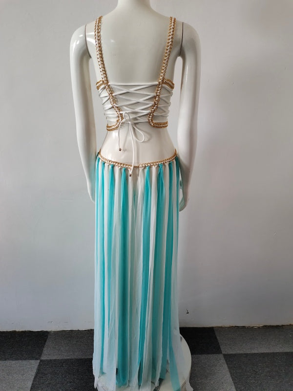 Black and White Striped Lace-Up Maxi Dress