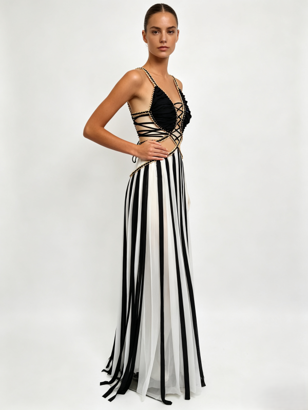 Black and White Striped Lace-Up Maxi Dress