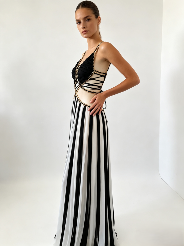 Black and White Striped Lace-Up Maxi Dress
