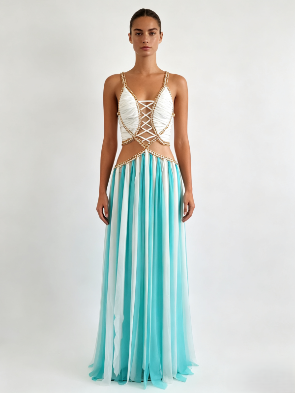 Black and White Striped Lace-Up Maxi Dress