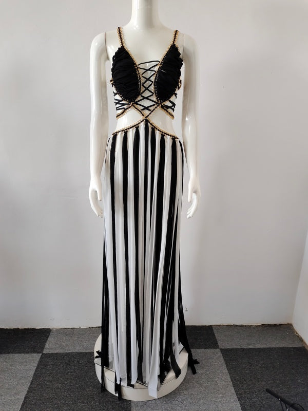 Black and White Striped Lace-Up Maxi Dress