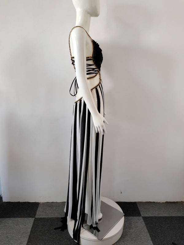 Black and White Striped Lace-Up Maxi Dress