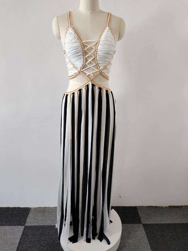 Black and White Striped Lace-Up Maxi Dress