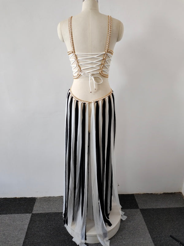 Black and White Striped Lace-Up Maxi Dress