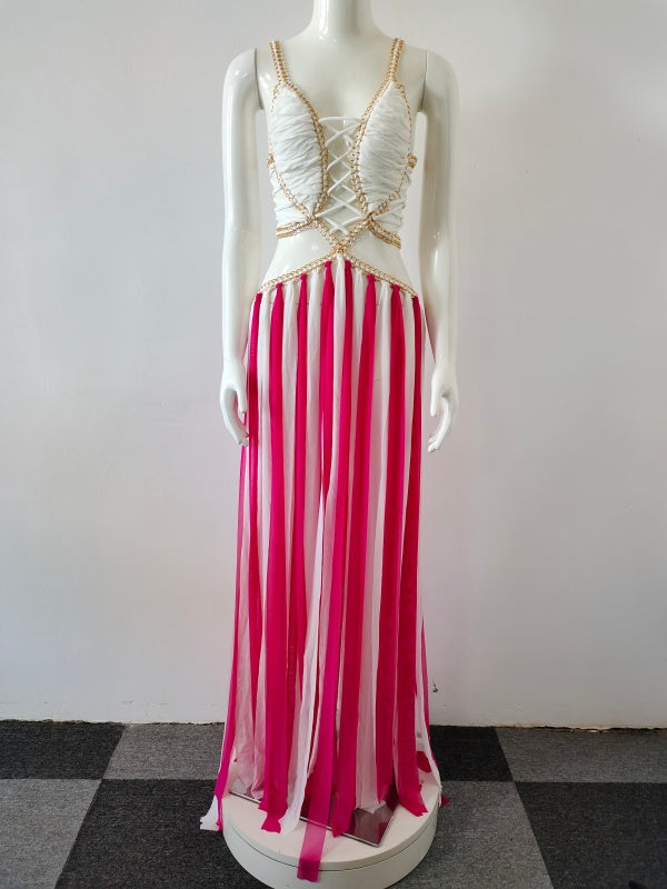 Black and White Striped Lace-Up Maxi Dress