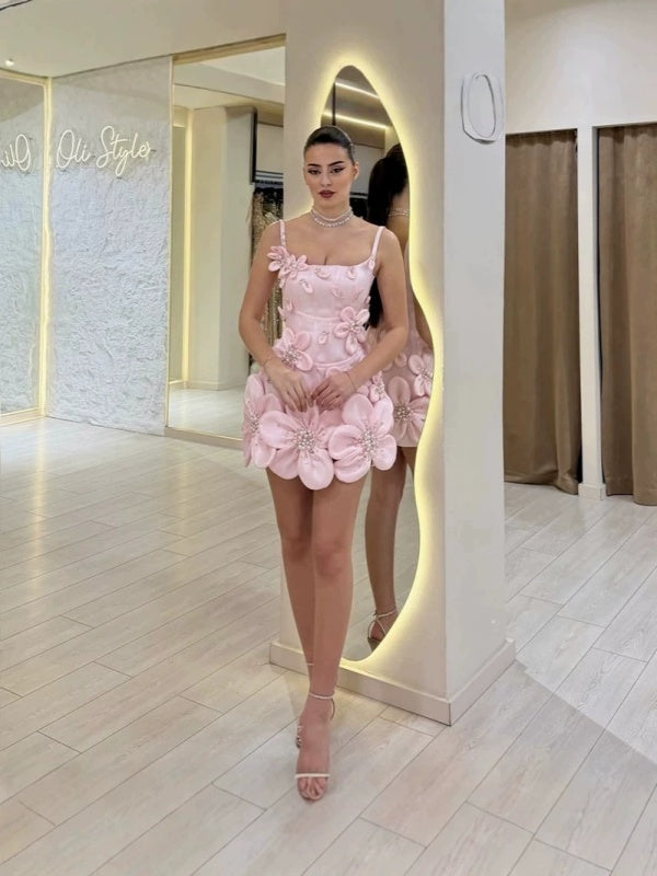 Pink 3D Floral Appliqué Mini Dress