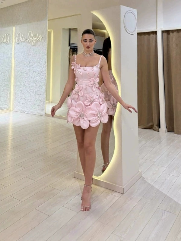 Pink 3D Floral Appliqué Mini Dress