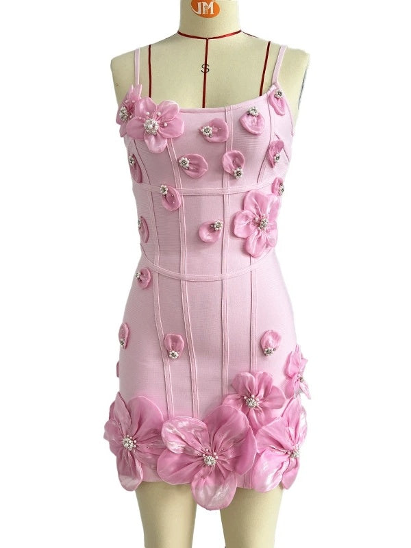 Pink 3D Floral Appliqué Mini Dress