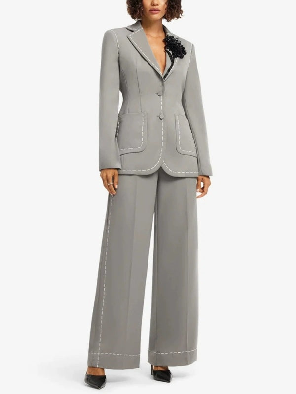 Grey Contrast-Stitch Blazer and Wide-Leg Pants Set