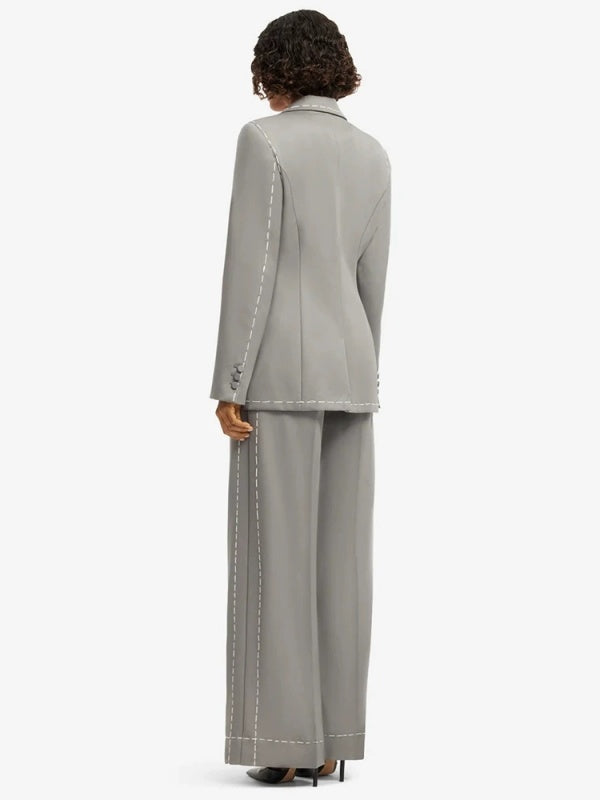 Grey Contrast-Stitch Blazer and Wide-Leg Pants Set