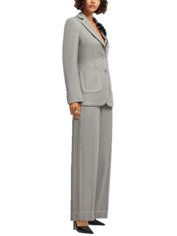 Grey Contrast-Stitch Blazer and Wide-Leg Pants Set