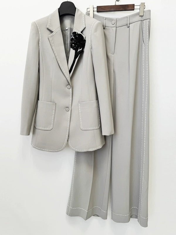 Grey Contrast-Stitch Blazer and Wide-Leg Pants Set