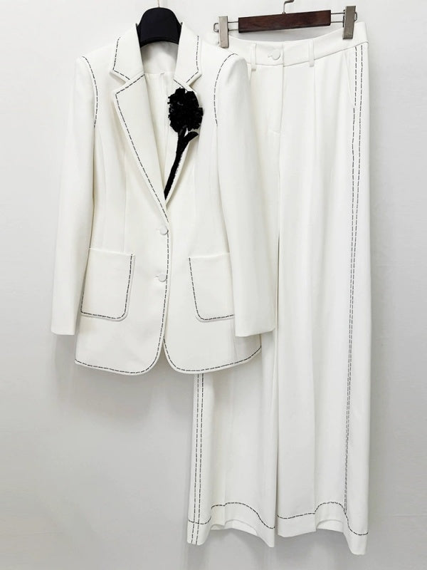 Grey Contrast-Stitch Blazer and Wide-Leg Pants Set