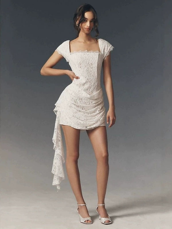 White Lace Draped Mini Dress