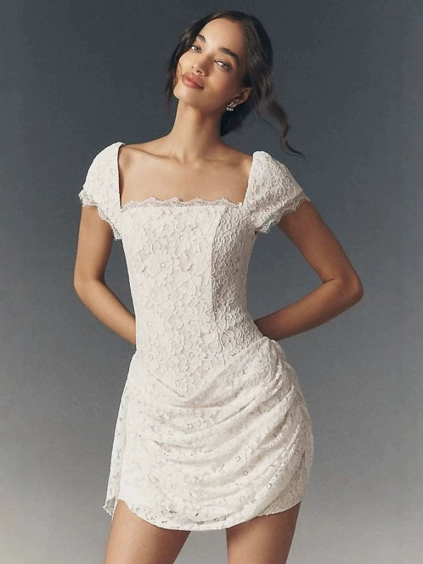 White Lace Draped Mini Dress