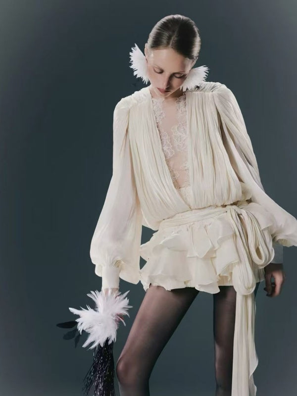 Ivory Pleated Ruffle Mini Dress with Lace Panel