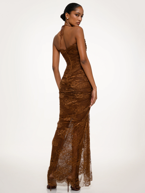 Chocolate Strapless Lace Maxi Dress