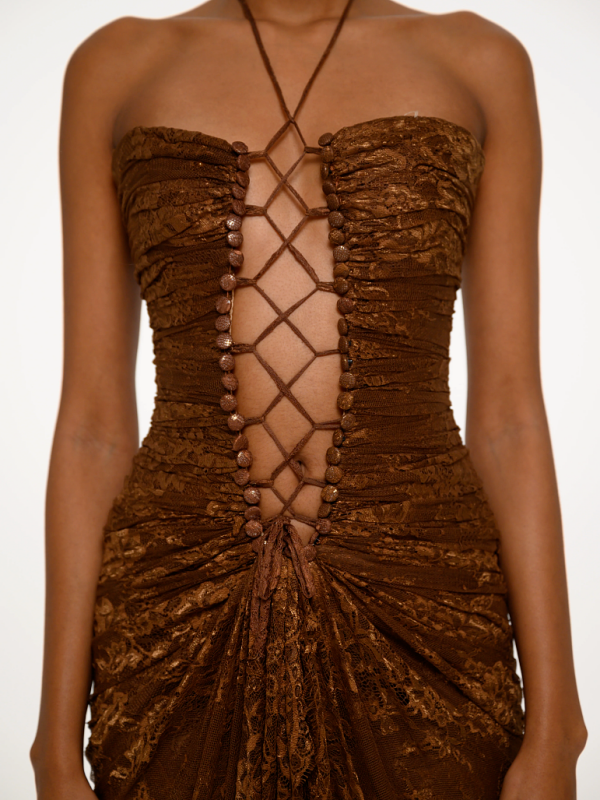 Chocolate Strapless Lace Maxi Dress