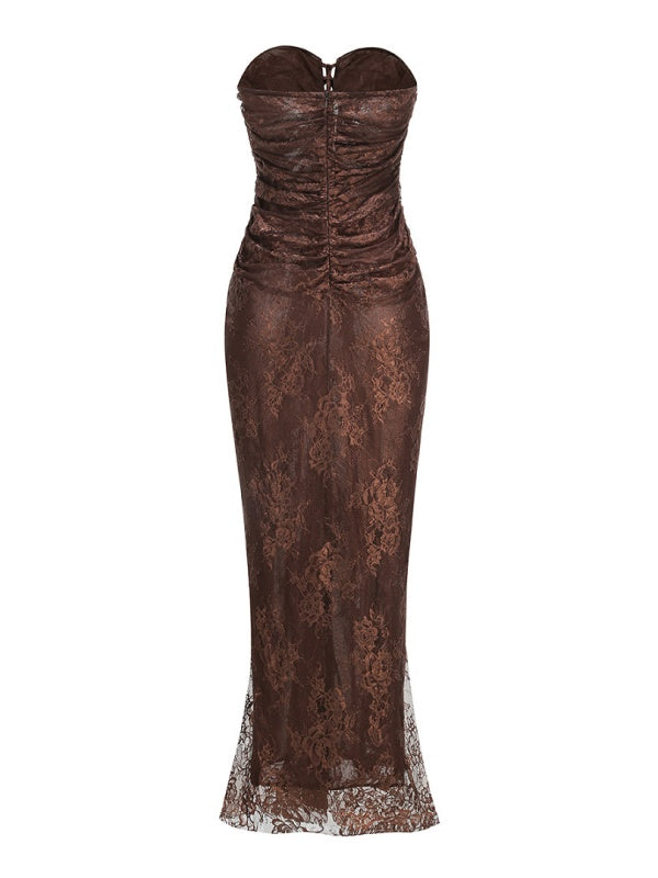 Chocolate Strapless Lace Maxi Dress