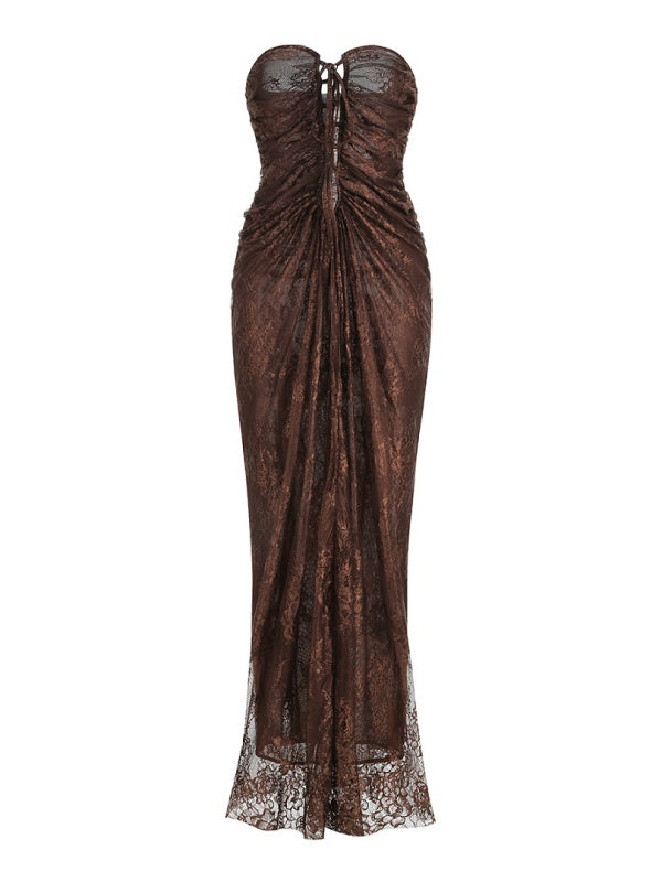 Chocolate Strapless Lace Maxi Dress