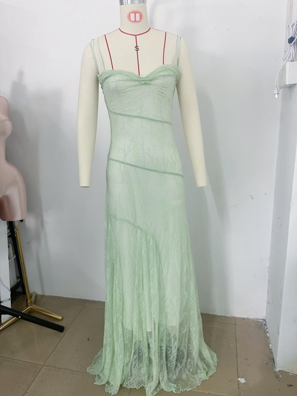 Mint Lace Spaghetti-Strap Maxi Dress