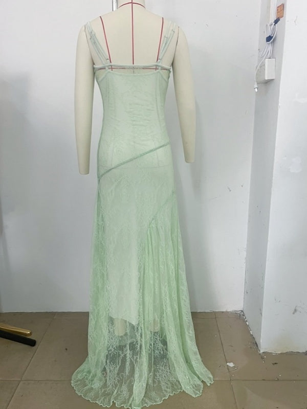 Mint Lace Spaghetti-Strap Maxi Dress